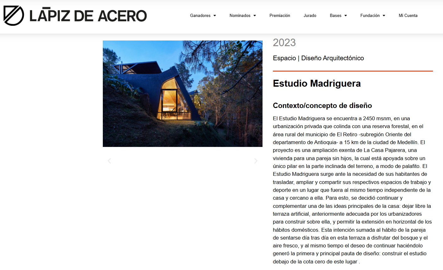 Nota de Lápiz de Acero 2023 sobre Estudio Madriguera, nominado en Diseño Arquitectónico