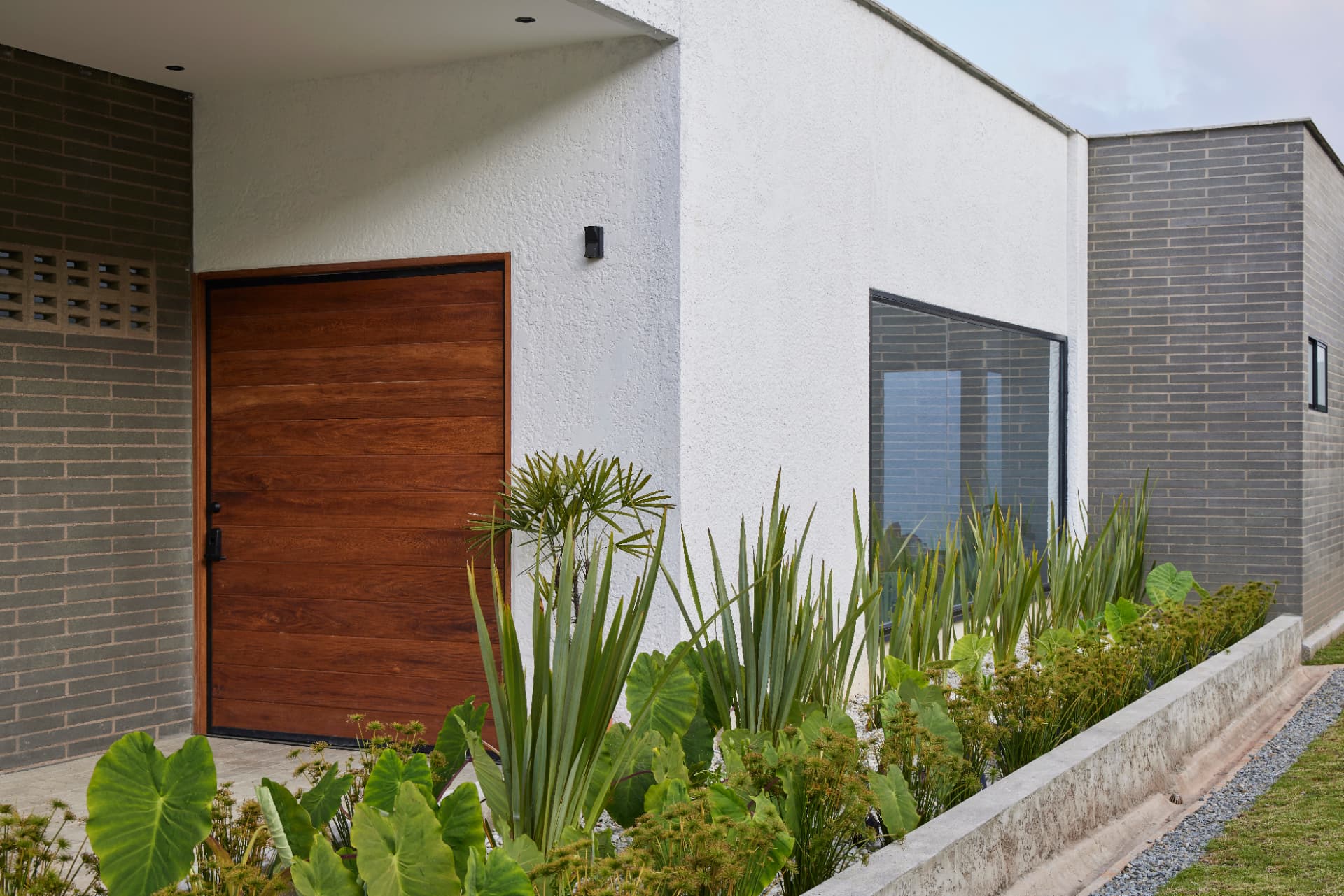 Acceso de Casa MS con puerta de madera, muro de ladrillo y jardín tropical